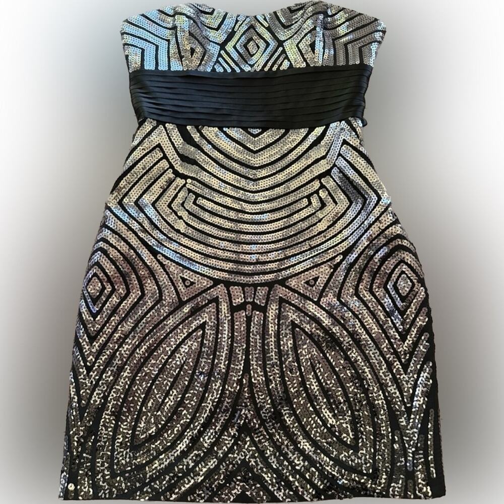 Vintage BCBGMAXAZRIA Black Silver Sequin Strapless Dress 2 Y2K Art Deco Mini
